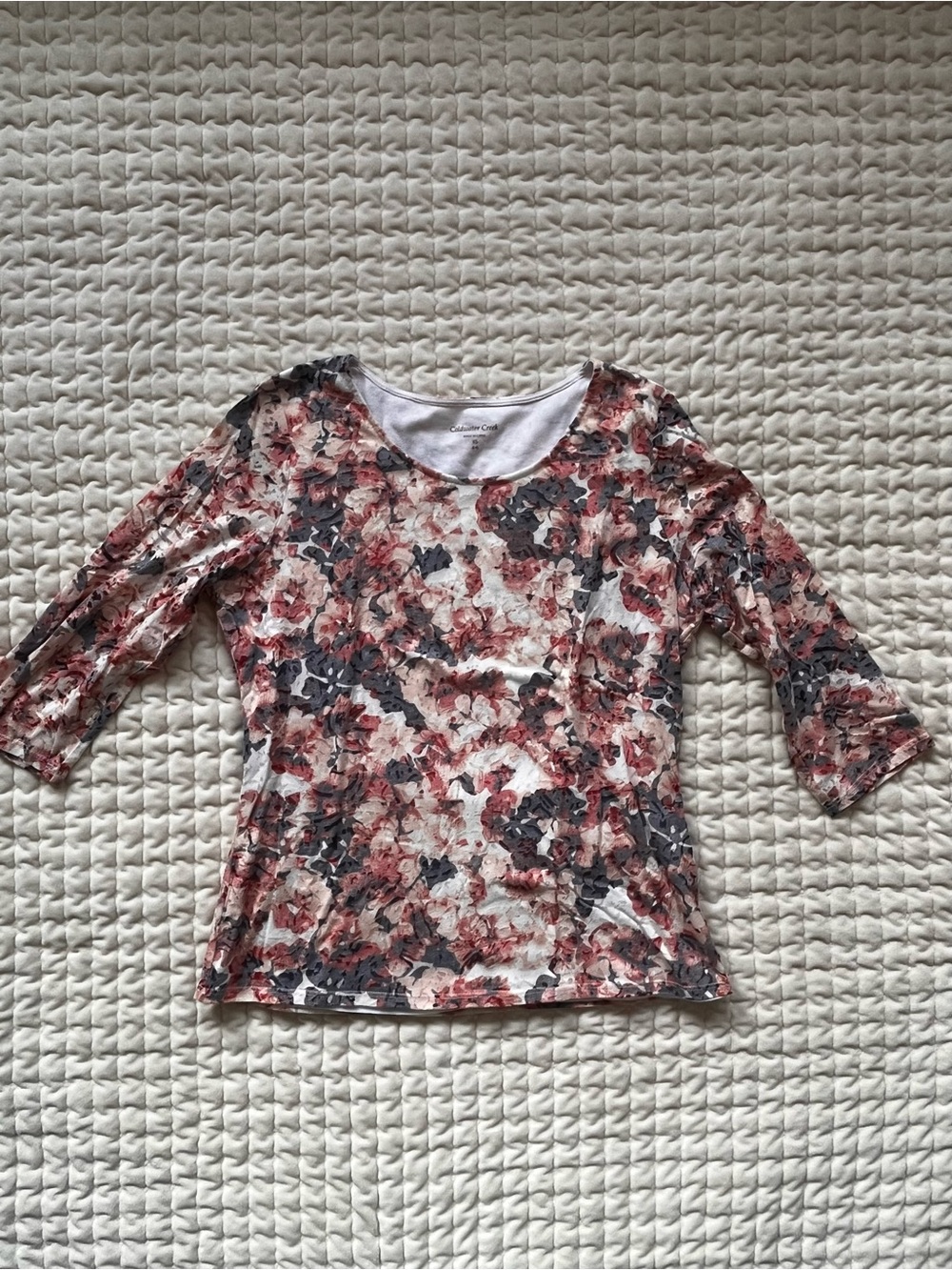 Coldwater Creek Floral Long Sleeve Top in White & Red Size XS